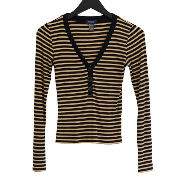 Forever 21 Tops - Forever 21 Crop Top - Women’s Small - Blue Striped V-Neck Long Sleeve Shirt
